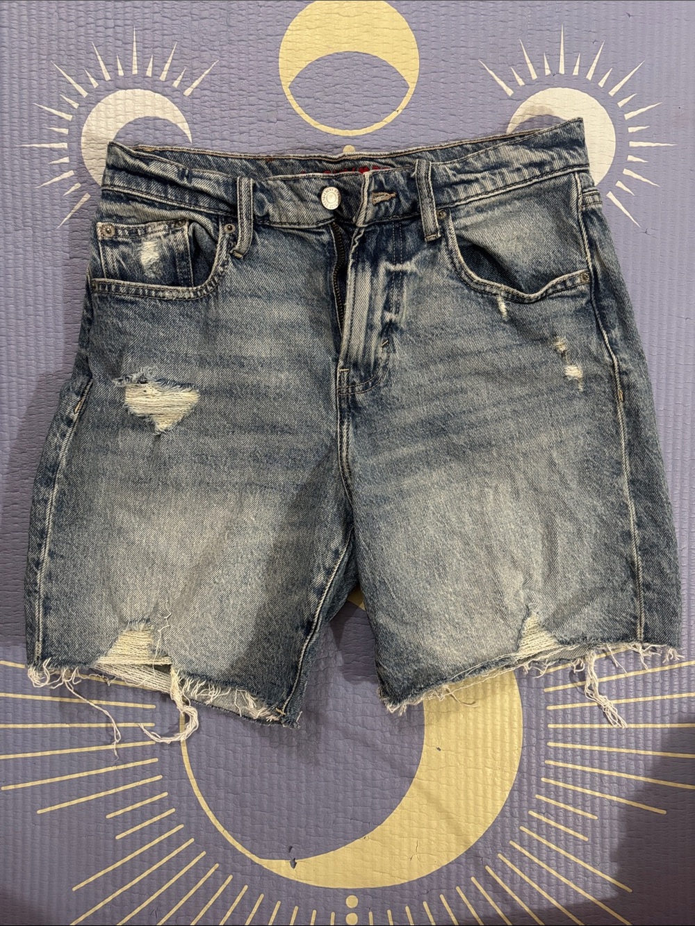 Lucky Brand Distressed High-Rise Denim Bermuda Shorts in Blue